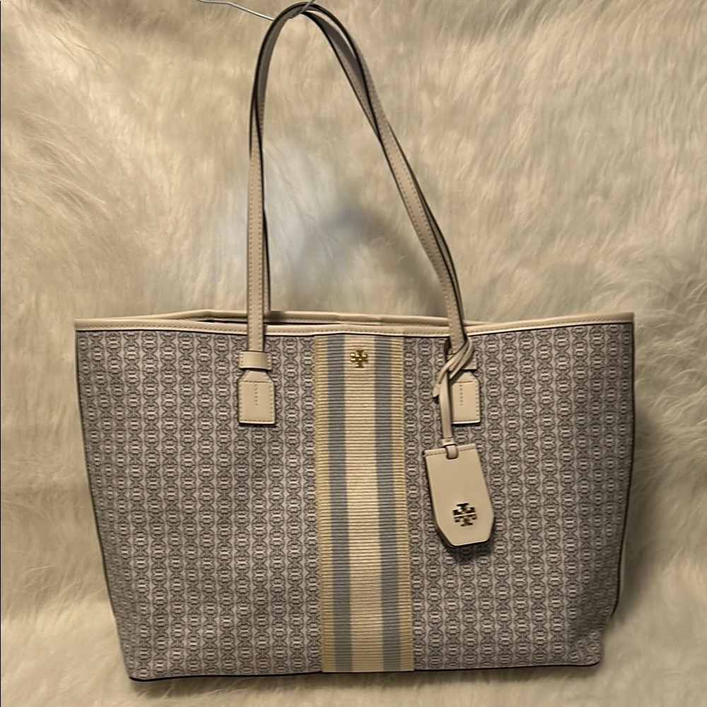 Tory Burch Gray and Cream Geometric Tote